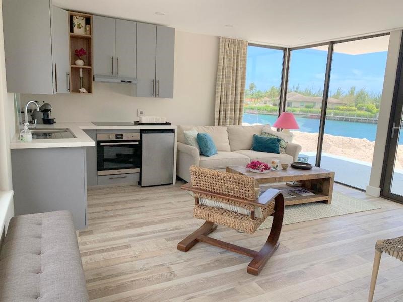 Modern open-plan living room with lake view.